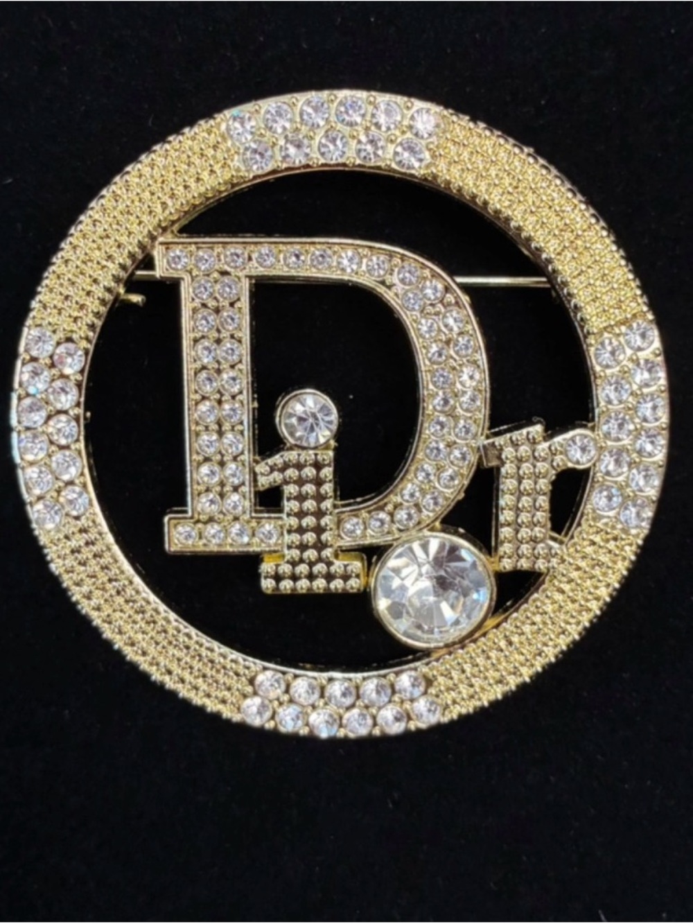Gold-Tone Crystal 'D' Circle Brooch – Gold with Clear Stones